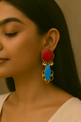 BOLD RED & BLUE STATEMENT EARRINGS WITH GOLD DETAILING