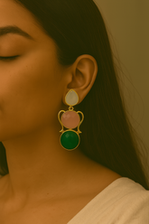 ELEGANT TRIPLE STONE DROP EARRINGS – WHITE , PINK & GREEN