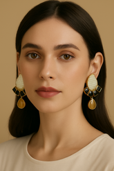 ELEGANT BLACK & GOLD STATEMENT EARRINGS WITH WHITE STUD