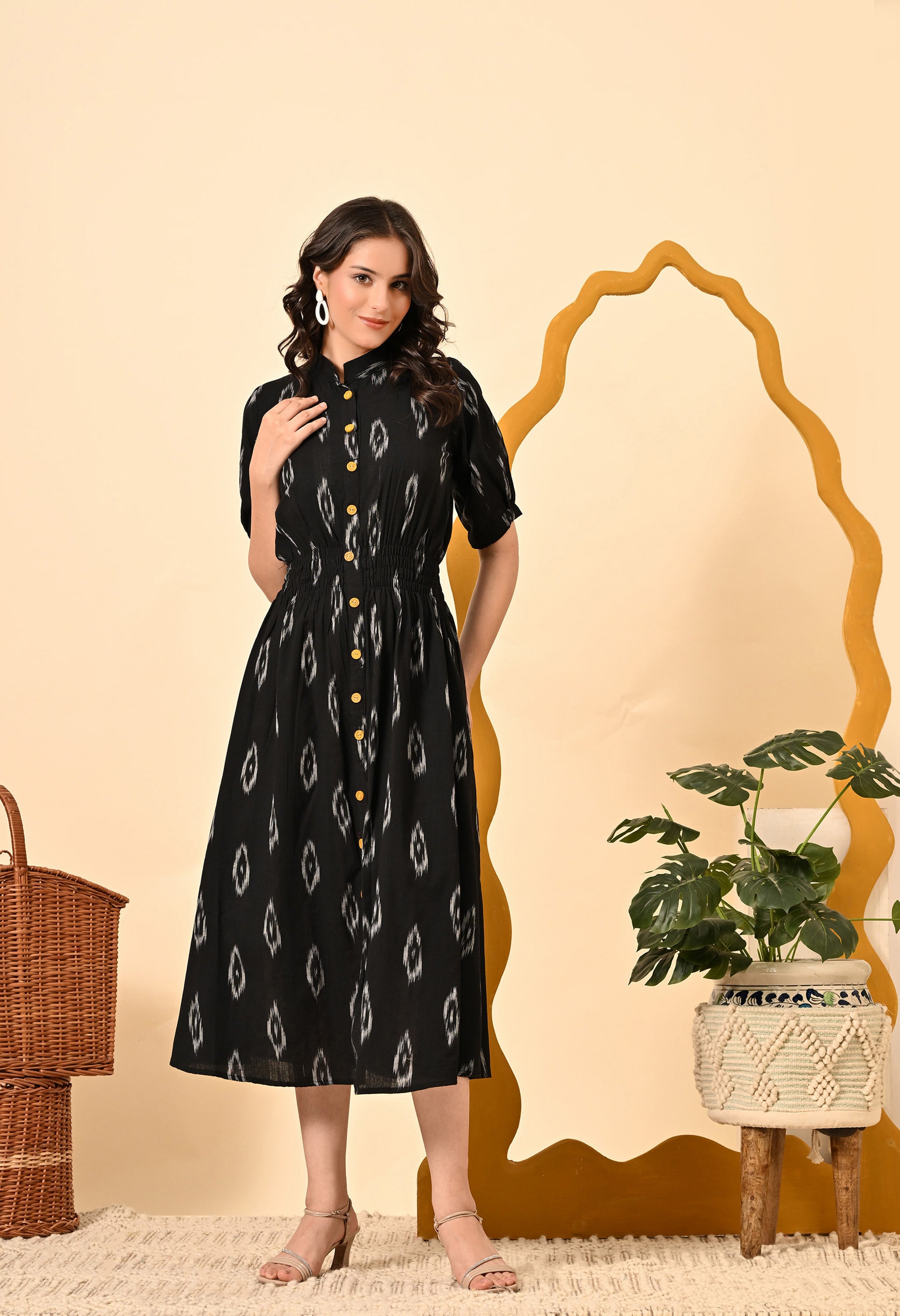 elasticated midi dress 100% Cotton Midi Dress With Elasticated Waist - Pale Yellow - M - Massimo Dutti