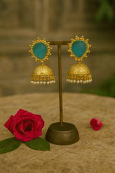 GOLD PLATED JHUMKA EARRINGS WITH BLUE STONE