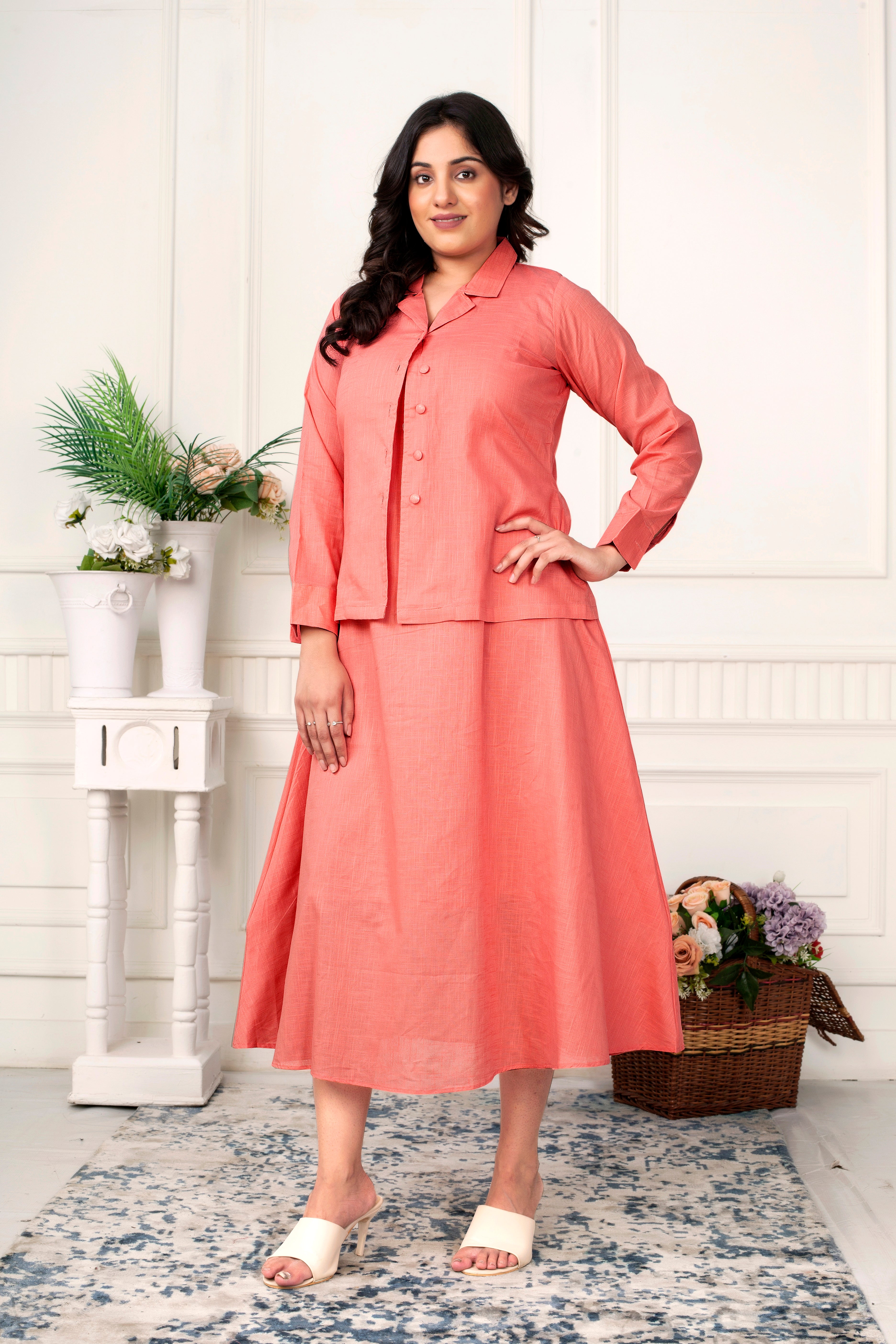 BLUSH PINK LINEN COTTON JACKET DRESS- ELEGANT AND VERSATILE OUTFIT DIIWATAA BLUSH PINK LINEN COTTON JACKET DRESS- ELEGANT AND VERSATILE OUTFIT DIIWATAA