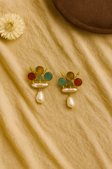 RED BLUE GOLD DROPS EARRINGS WITH PEARLS