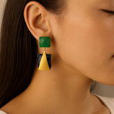 GEOMETRIC DROP EARRINGS – GREEN SQUARE & GOLD TRIANGLE