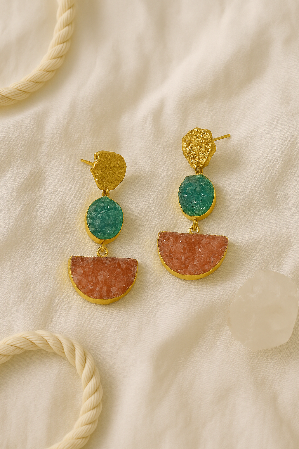 PASTEL TRIPPLE DROP EARRINGS – GOLD, MINT & PEACH