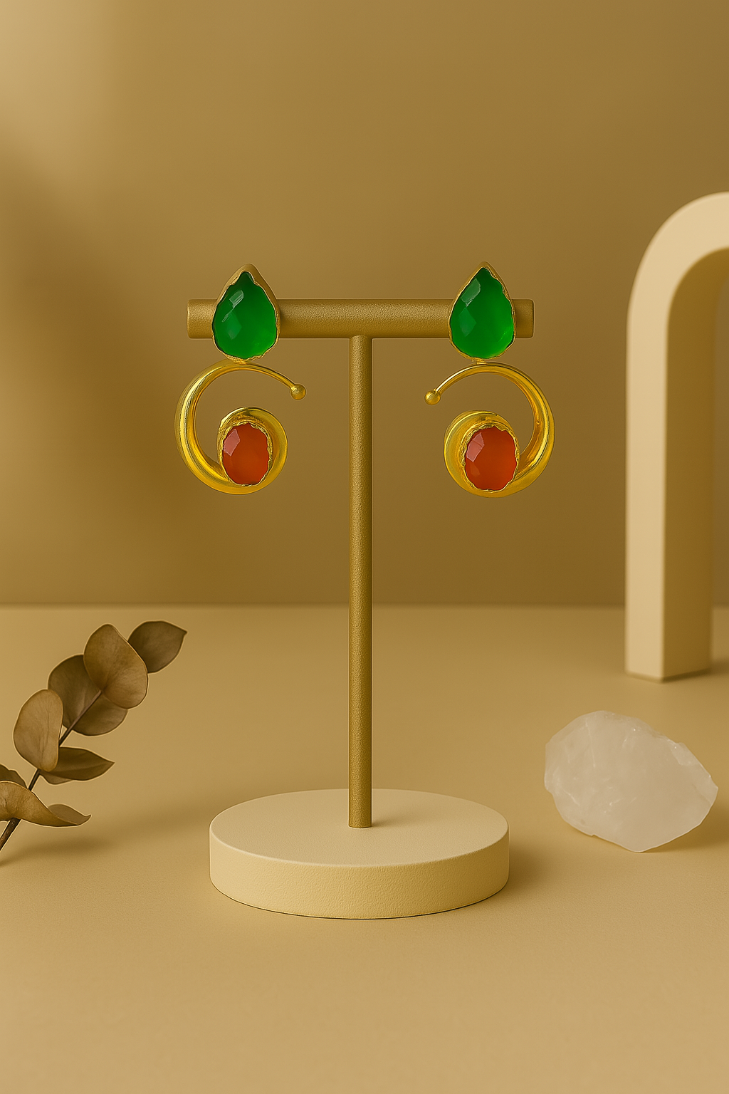 DUAL TONE CIRCLE DROP EARRING – GREEN & RED WITH GOLD FINISH