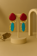 BOLD RED & BLUE STATEMENT EARRINGS WITH GOLD DETAILING