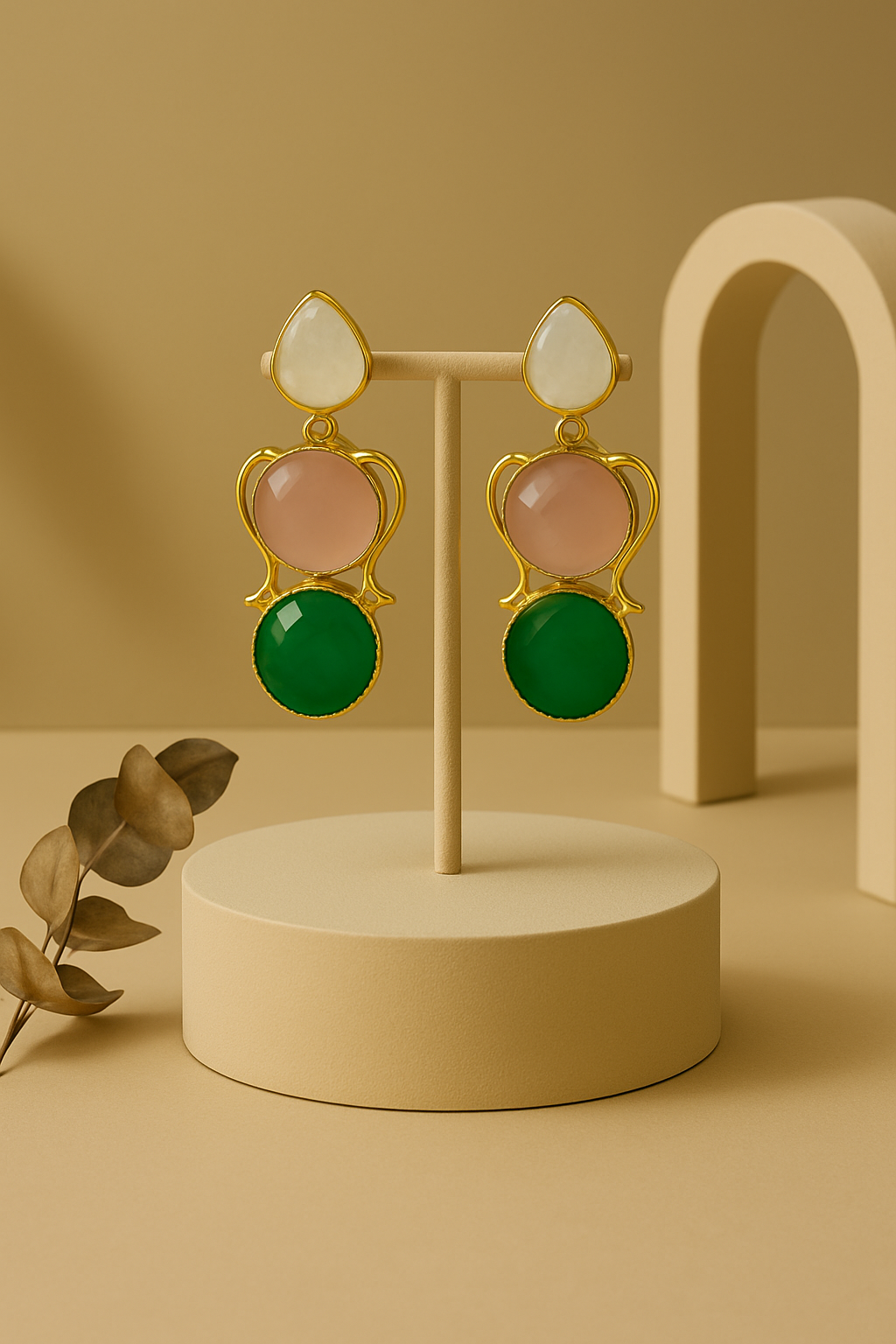 ELEGANT TRIPLE STONE DROP EARRINGS – WHITE , PINK & GREEN
