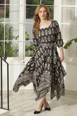 BLACK HANDKERCHIEF PRINTED DRESS