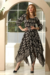 BLACK HANDKERCHIEF PRINTED DRESS