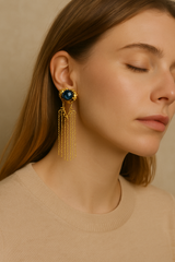 ROYAL BLUE STONE & GOLD FRINGE EARRINGS
