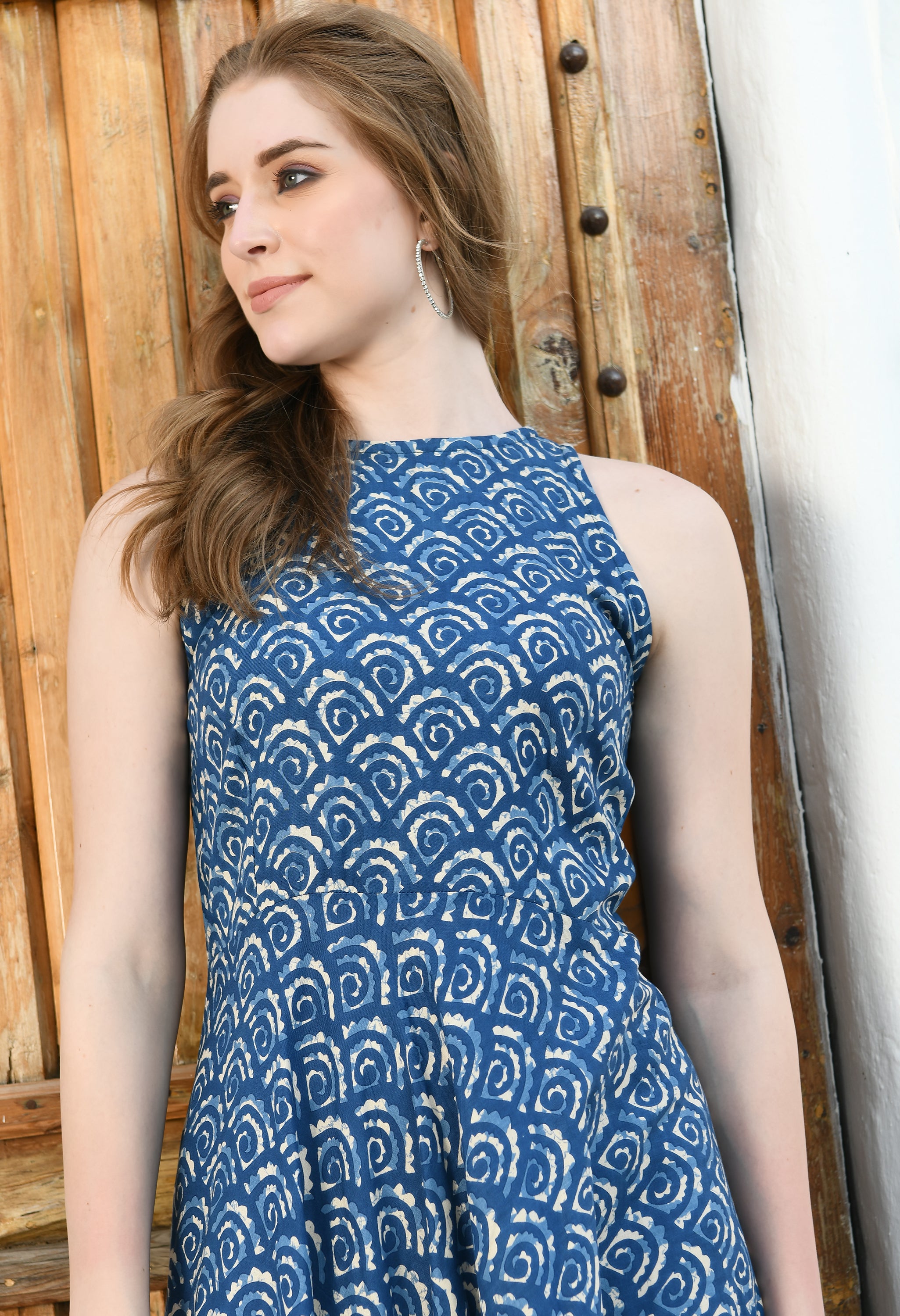 BLUE PRINTED HALTER DRESS