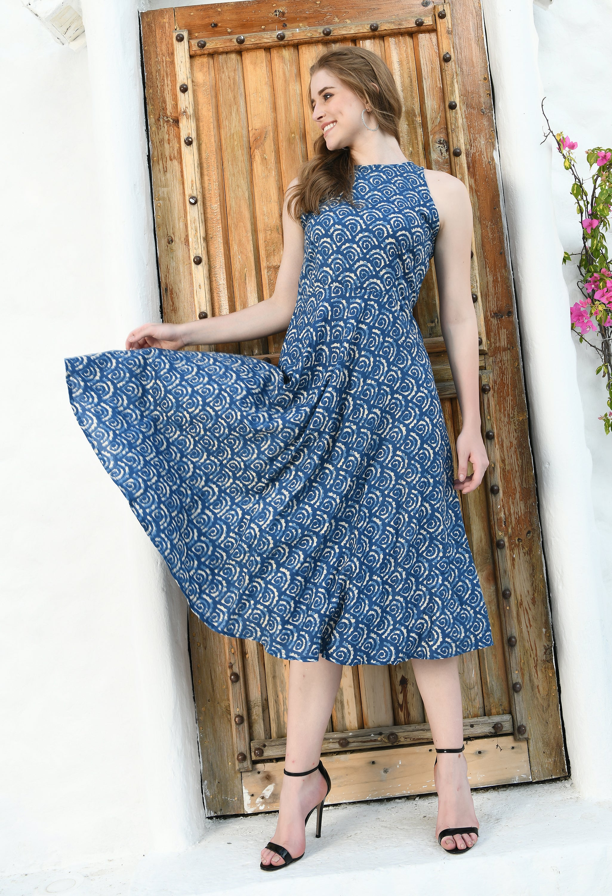 BLUE PRINTED HALTER DRESS