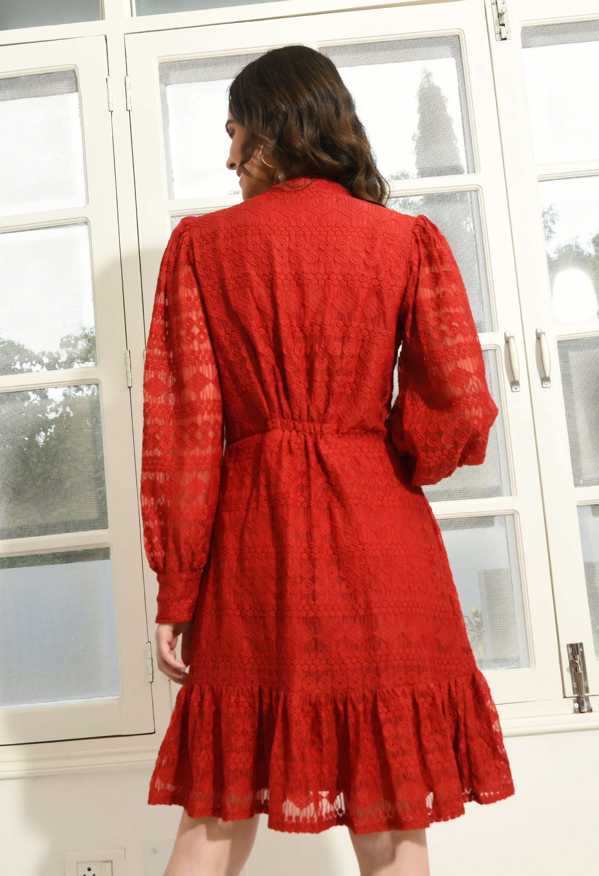 RED NET FULL SLEEVE BALLOON DRESS