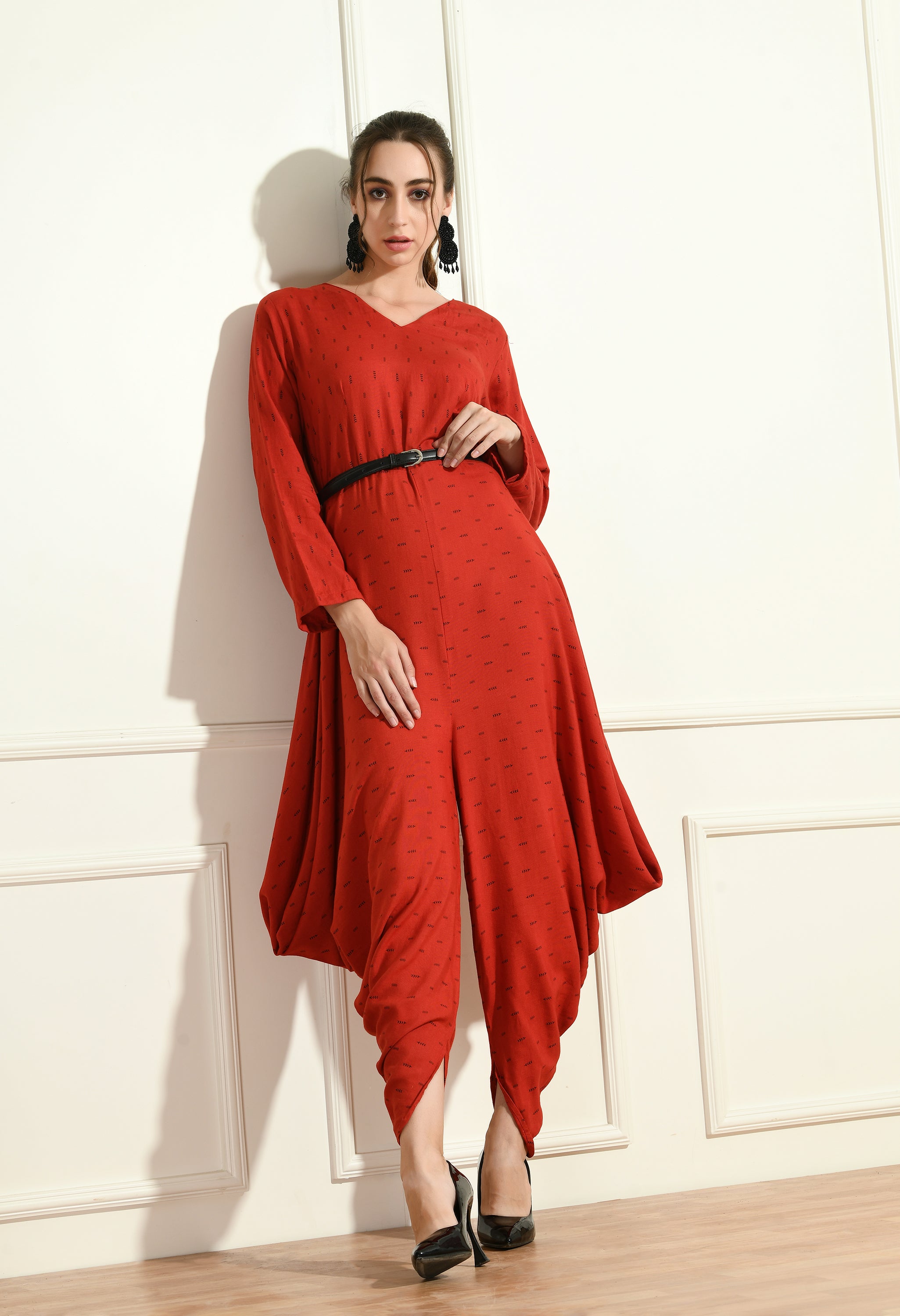 RED SIDE COWL JUMPSUIT