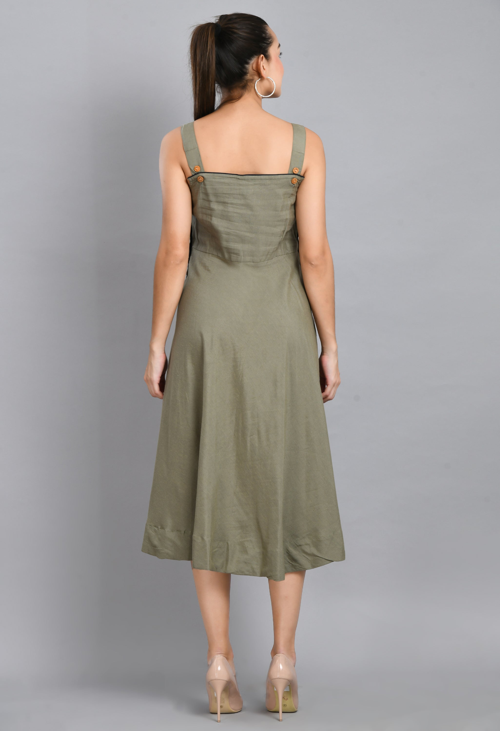 MEHENDI GREEN WOOD BUTTON LINEN DRESS
