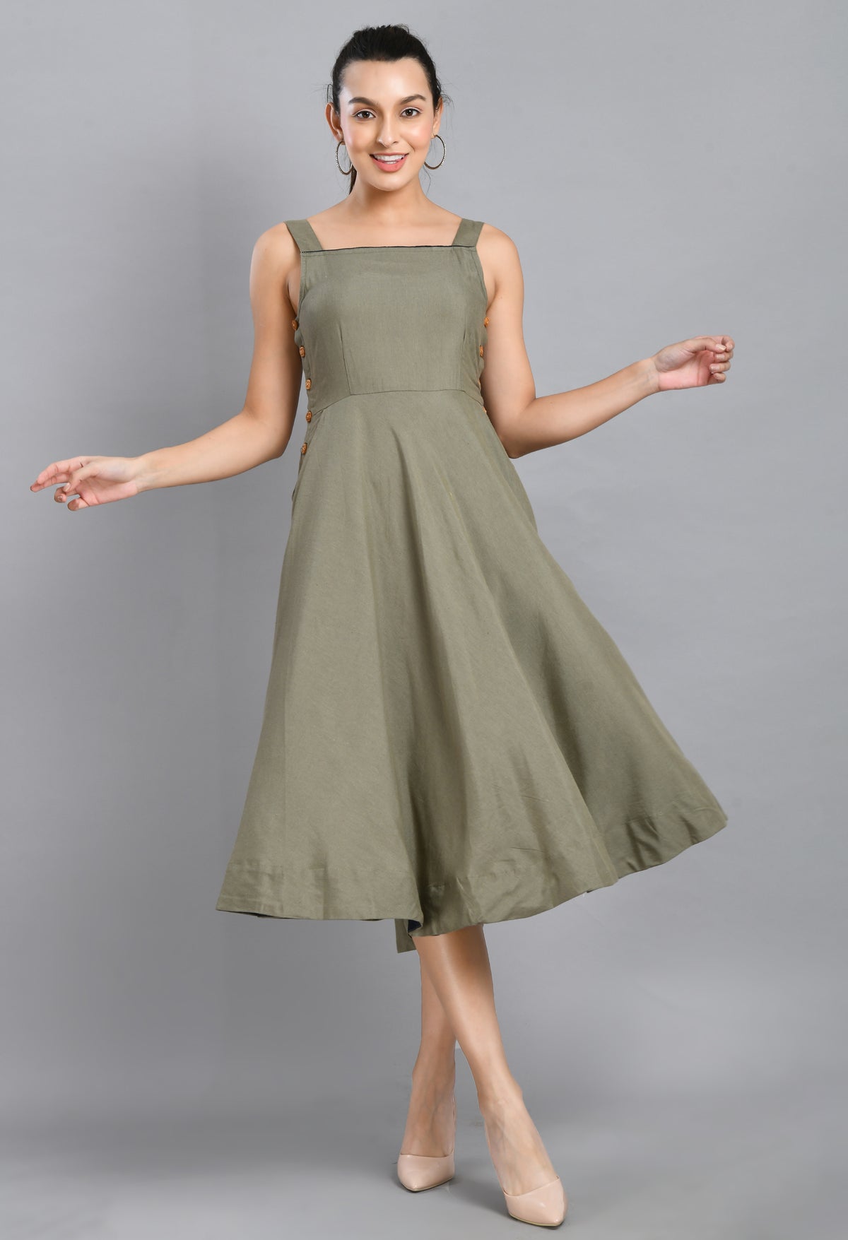 MEHENDI GREEN WOOD BUTTON LINEN DRESS