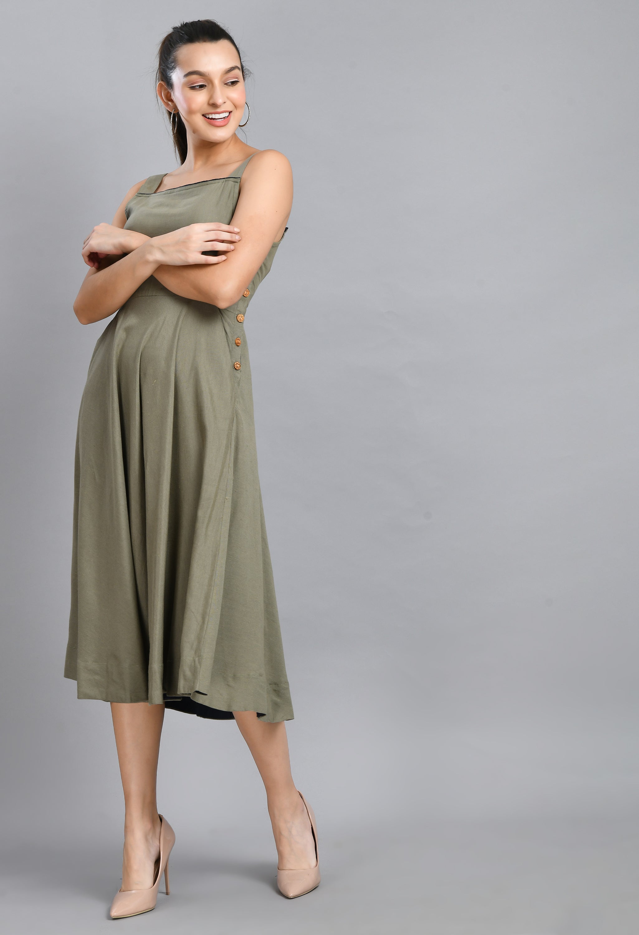 MEHENDI GREEN WOOD BUTTON LINEN DRESS