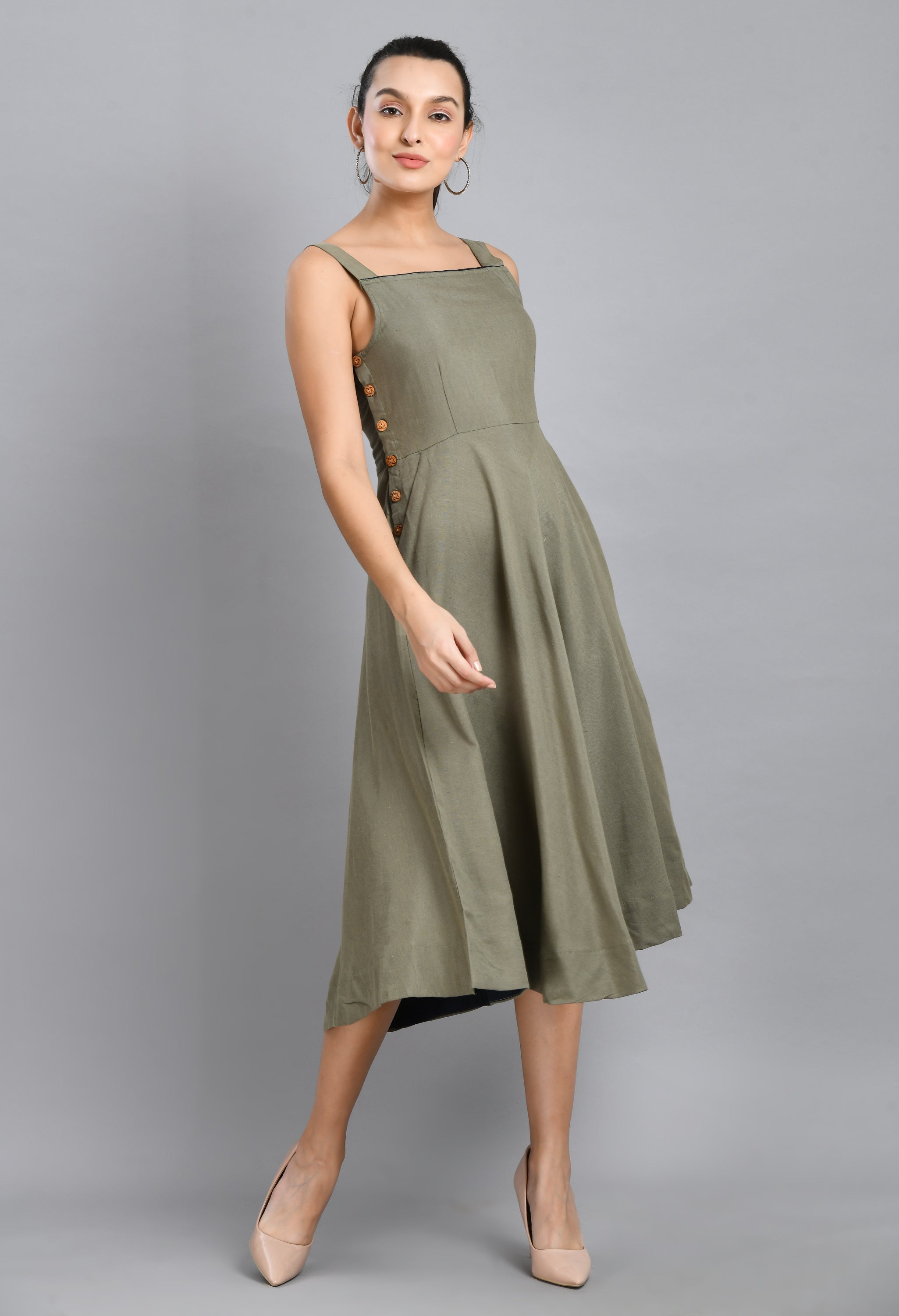 GREY LINEN WOOD BUTTON DRESS