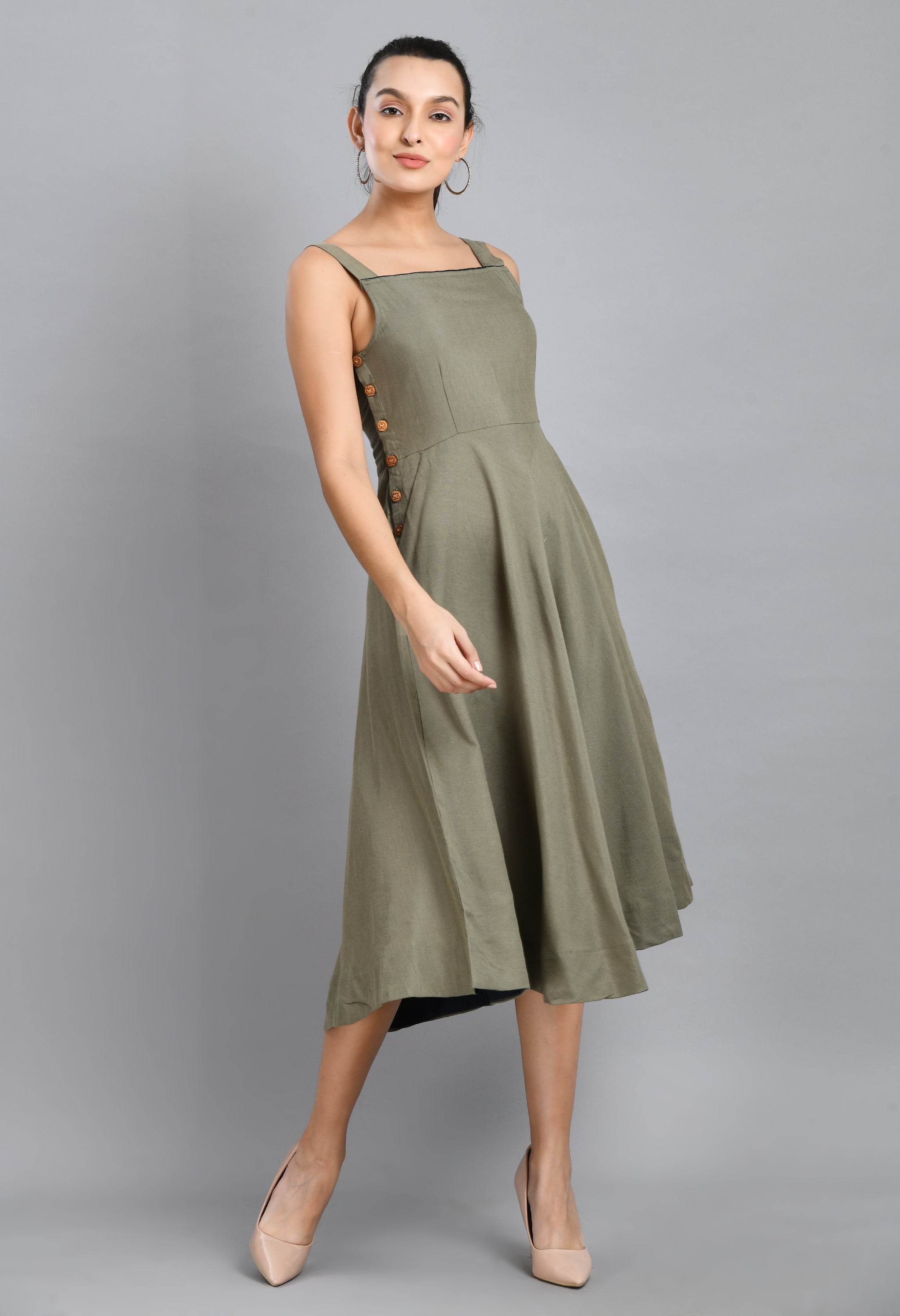 MEHENDI GREEN WOOD BUTTON LINEN DRESS