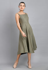 MEHENDI GREEN WOOD BUTTON LINEN DRESS