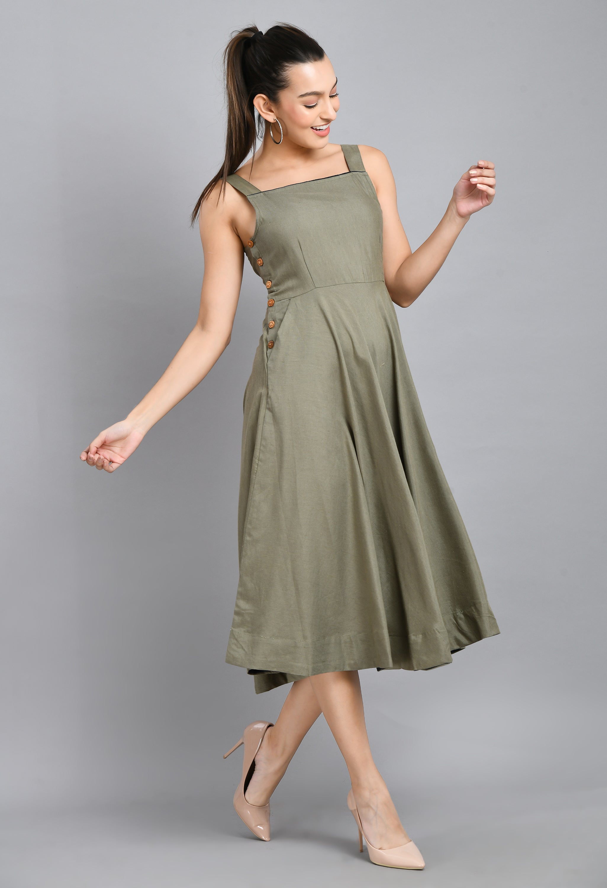 MEHENDI GREEN WOOD BUTTON LINEN DRESS