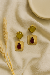 OLIVE & GARNET GOLD-TEXTURED DROP EARRINGS