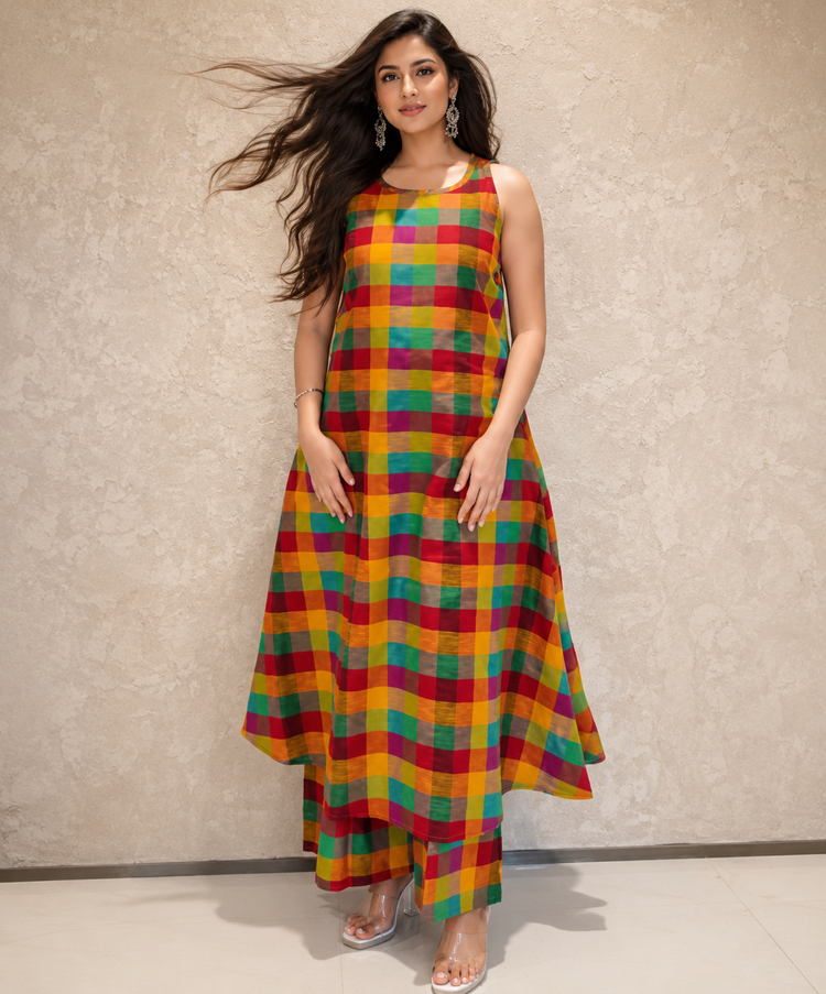 MADRAS CHECKERED HALTER NECK KURTA SET