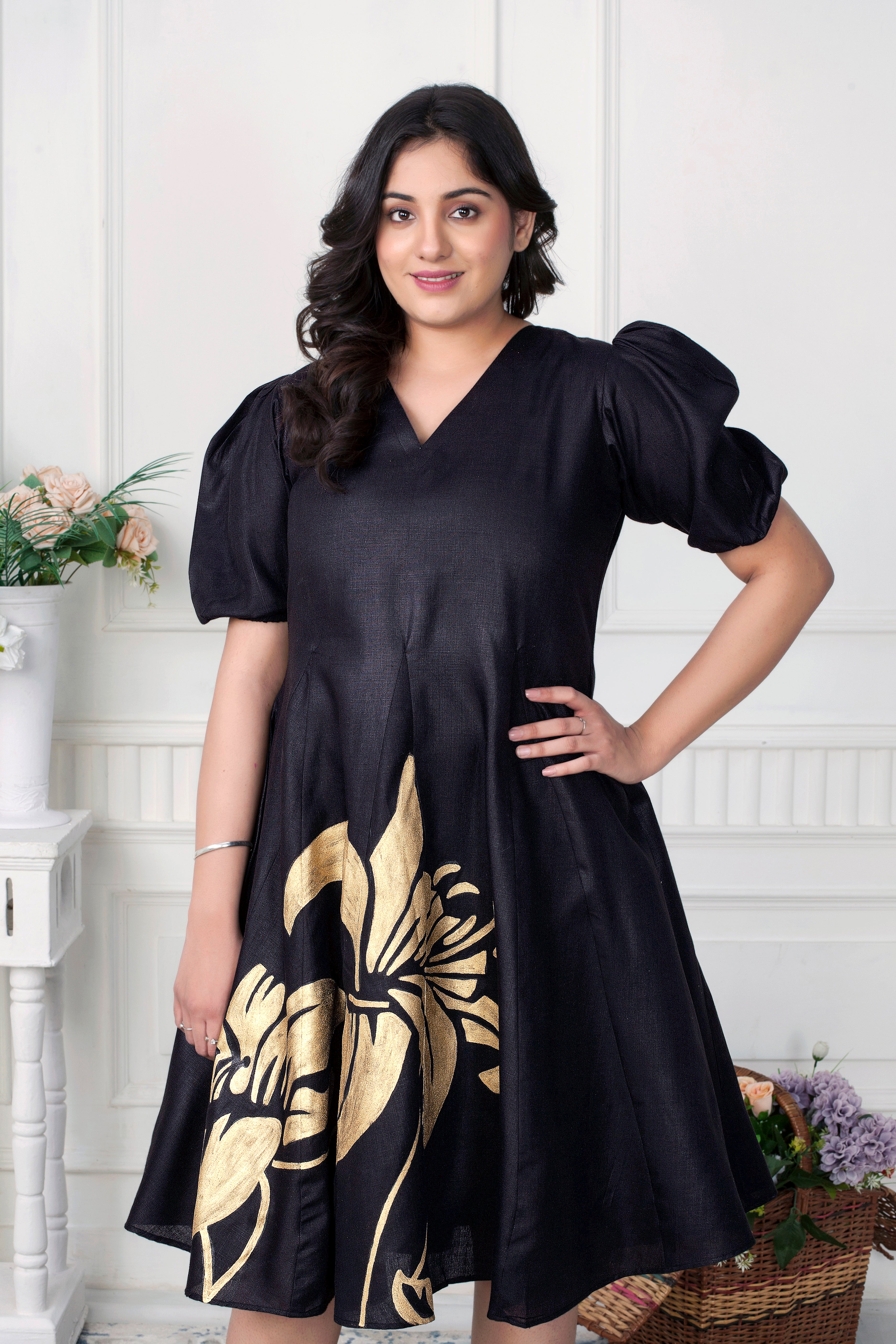 THE NOIR BLOOM DRESS-HANDPAINTED ELEGANCE