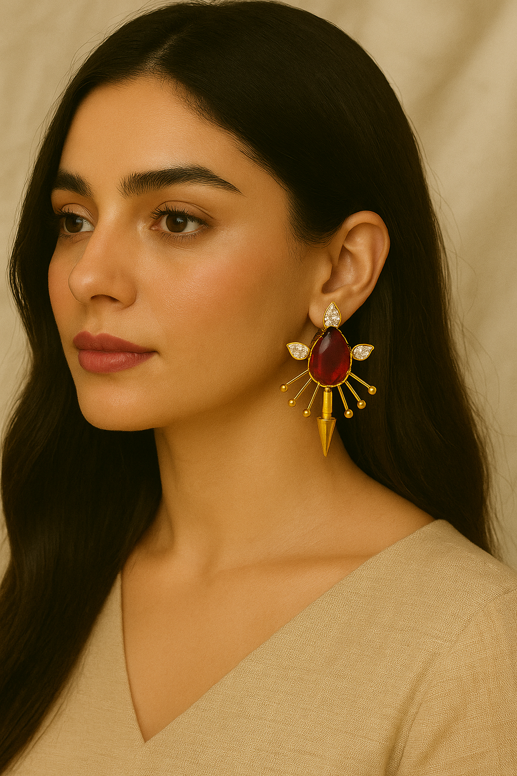 GOLD-TONE RED STONE STUDDS EARRINGS