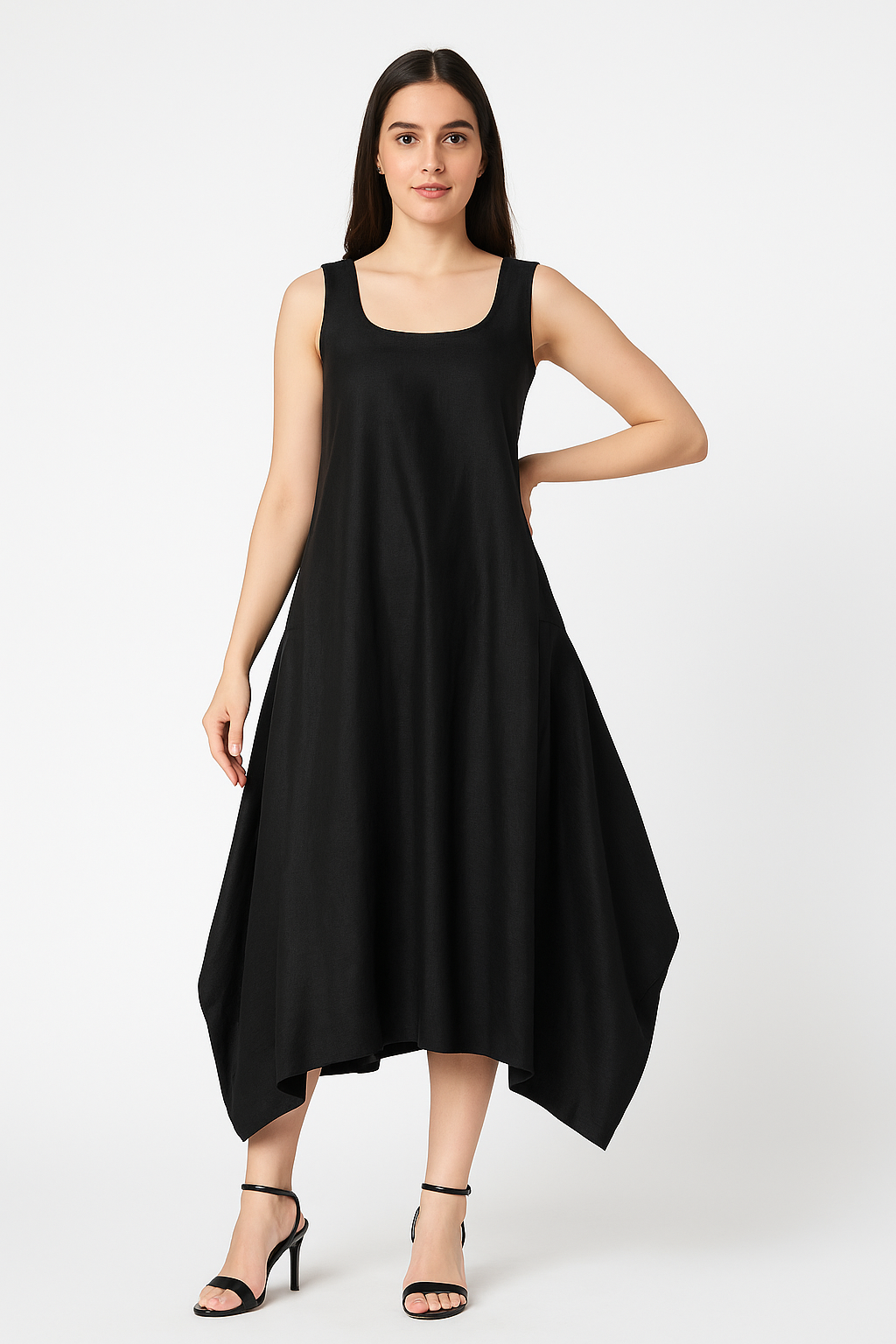 Elegant Black Linen Asymmetric Dress Sustainable Luxury Fashion DIIWATAA Elegant Black Linen Asymmetric Dress Sustainable Luxury Fashion DIIWATAA