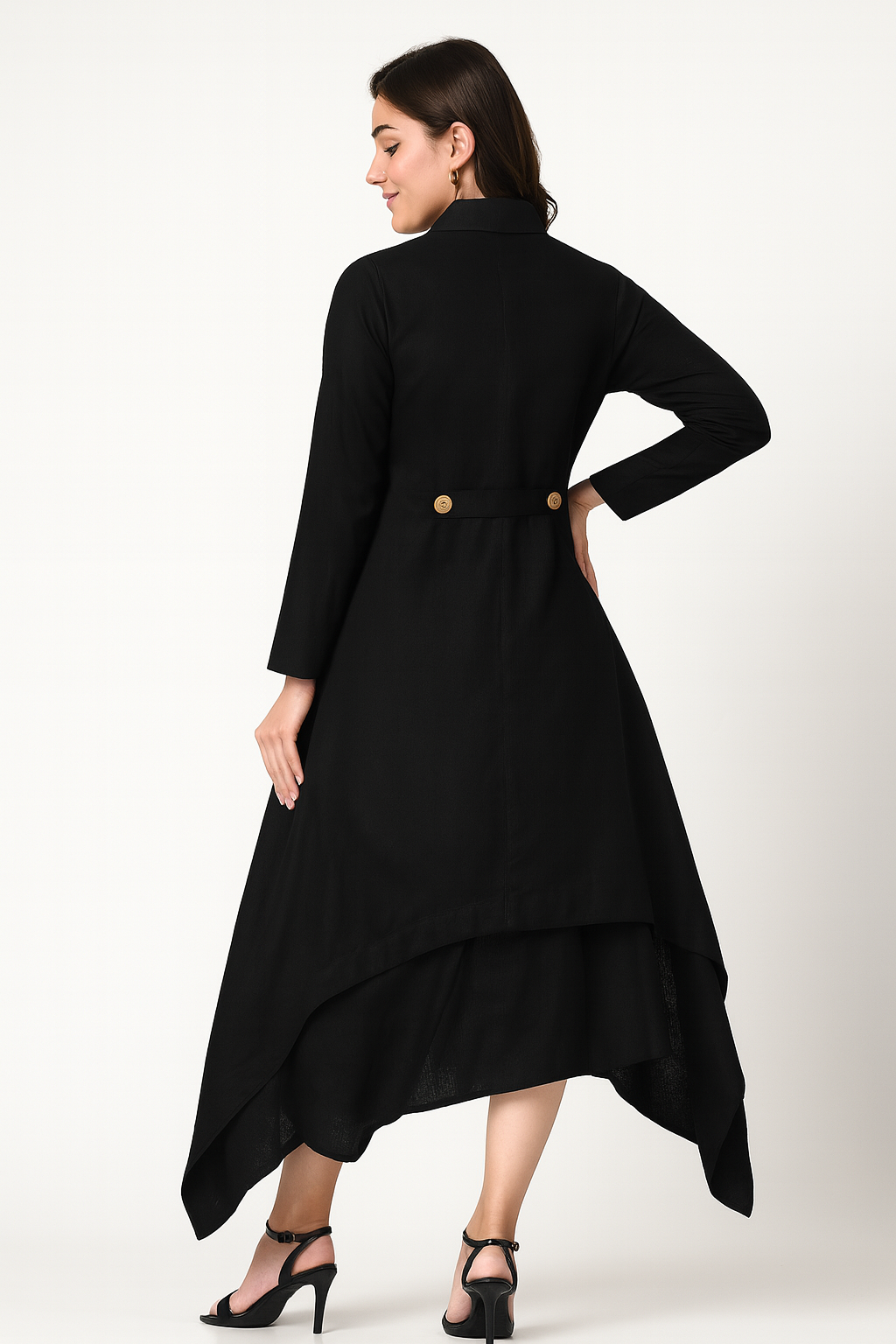 ELEGANT BLACK ASYMMETRIC LINEN DRESS WITH LONG OVERLAY