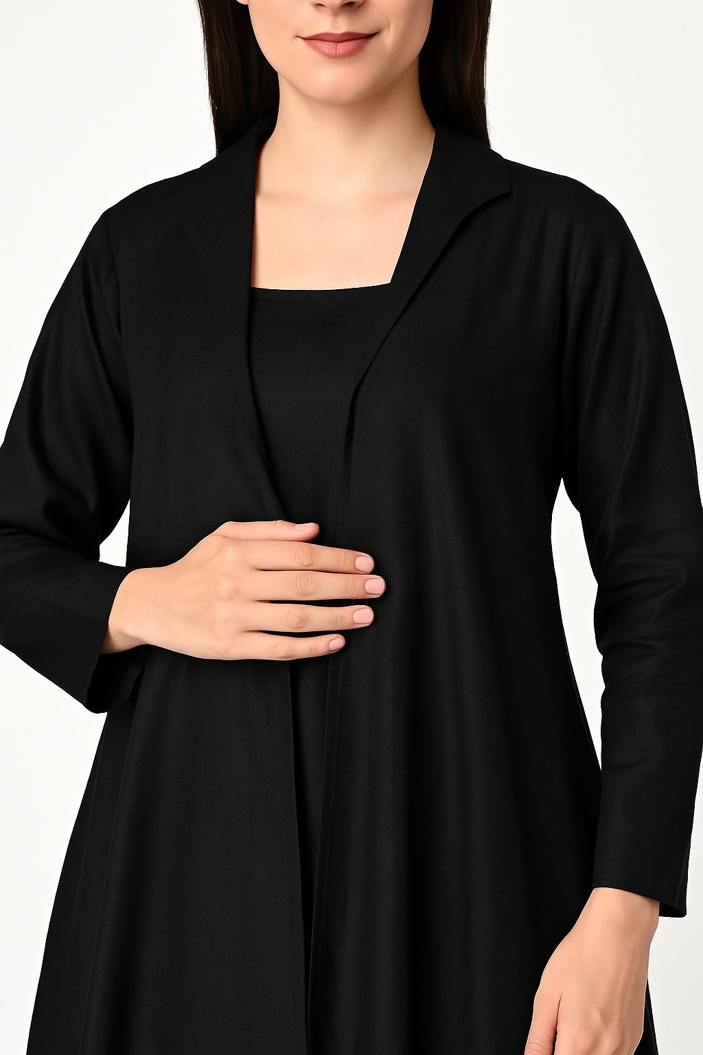 ELEGANT BLACK ASYMMETRIC LINEN DRESS WITH LONG OVERLAY