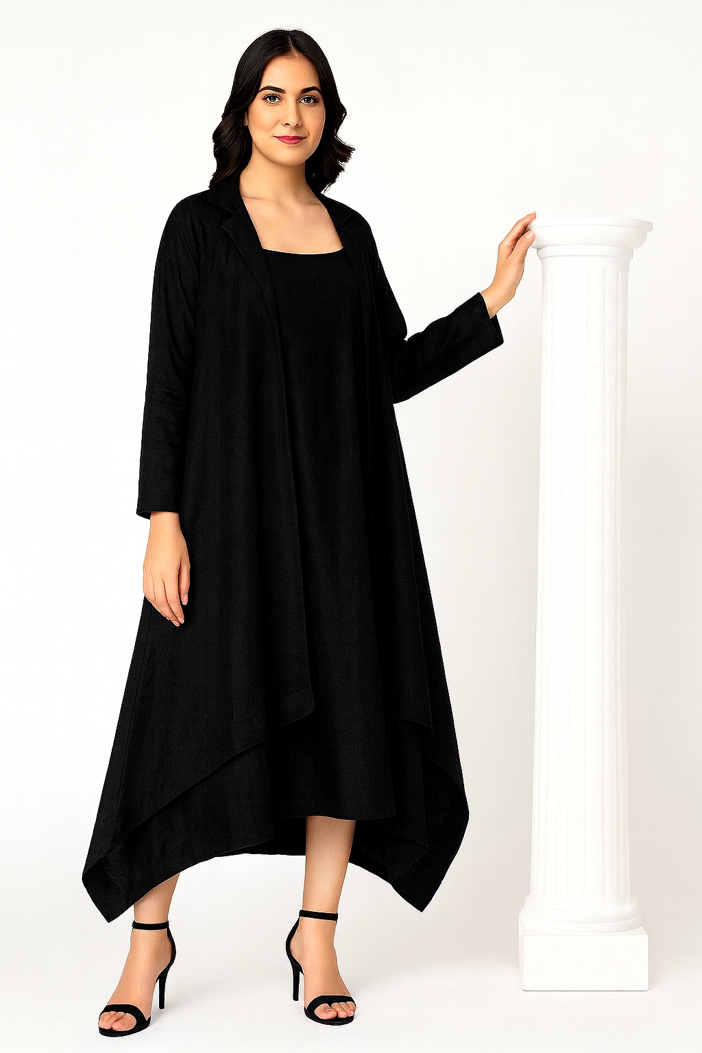ELEGANT BLACK ASYMMETRIC LINEN DRESS WITH LONG OVERLAY