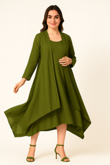 OLIVE GREEN ASYMMETRICAL HEM LINEN DRESS