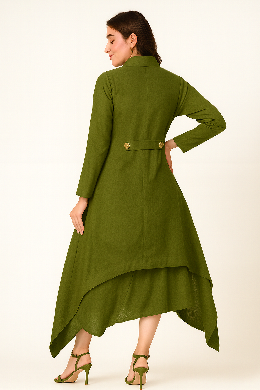 OLIVE GREEN ASYMMETRICAL HEM LINEN DRESS