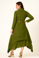 OLIVE GREEN ASYMMETRICAL HEM LINEN DRESS