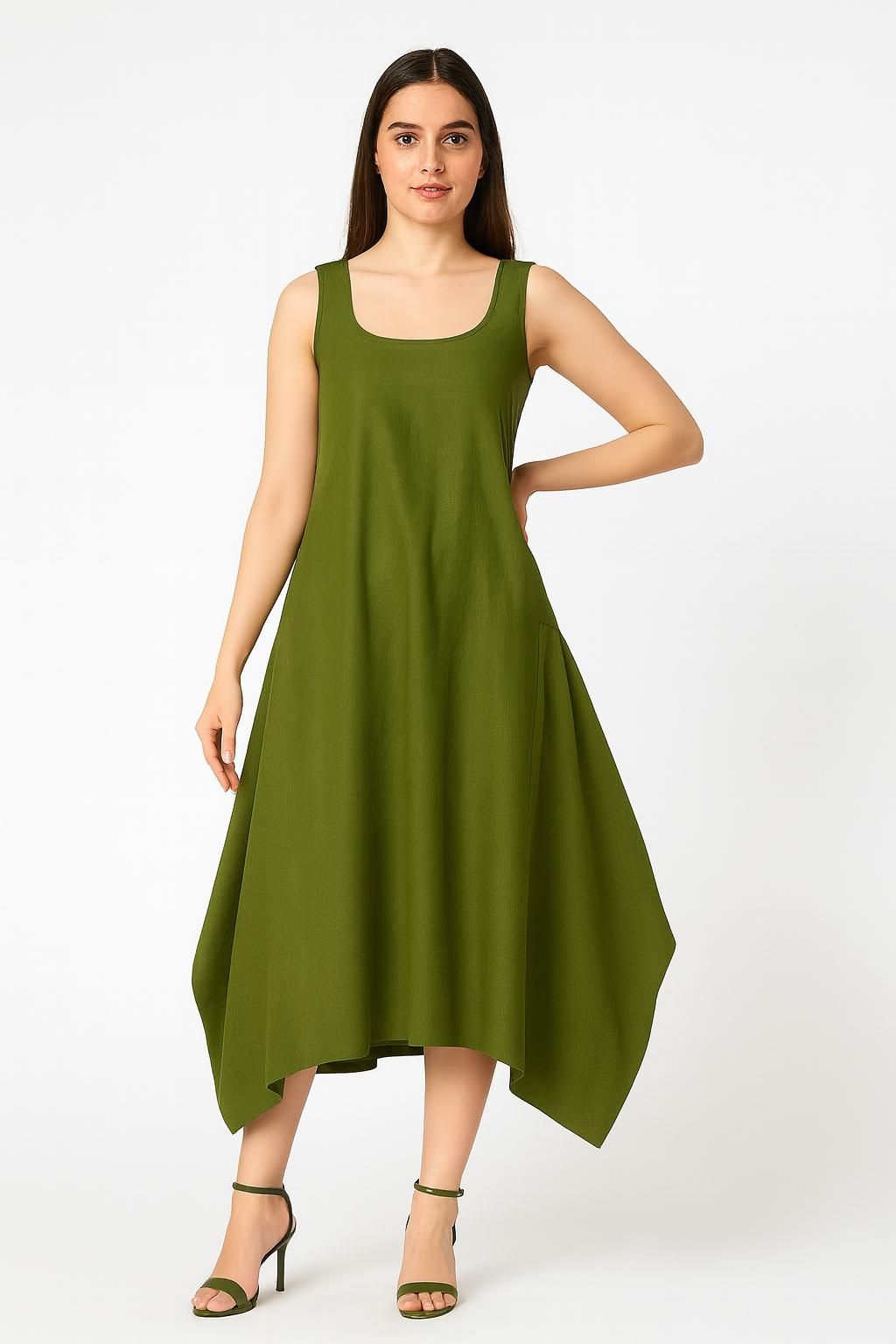 Olive Green Asymmetrical Hem Dress | Elegant Sleeveless Linen Look DIIWATAA Olive Green Asymmetrical Hem Dress | Elegant Sleeveless Linen Look DIIWATAA
