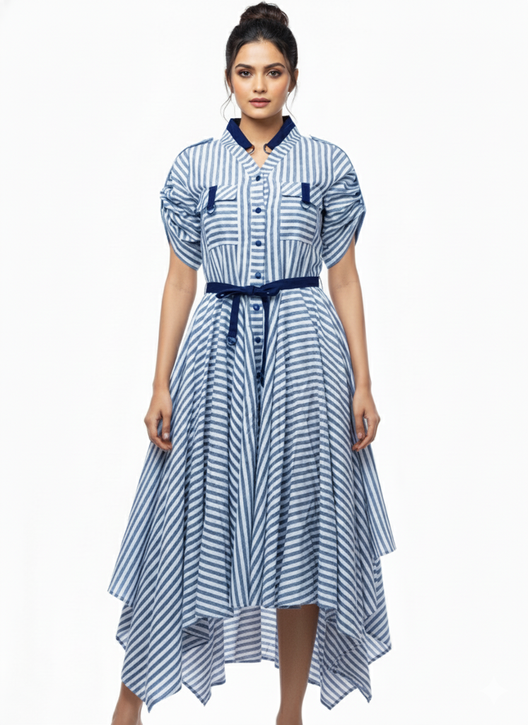 metallic striped handkerchief dress Striped Asymmetrical Shirt Dress – Effortless Elegance with a Modern Edge”  – DIIWATAA