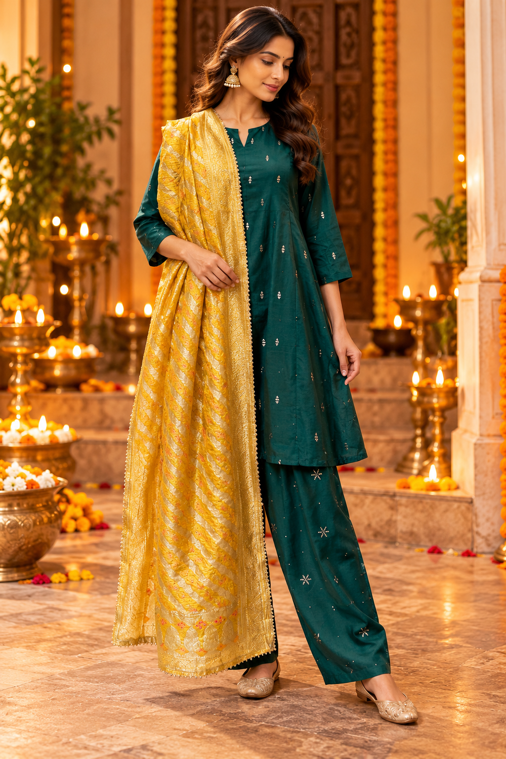 AMBIKA FOREST GREEN FLARED KURTA WITH FARSHI SALWAR