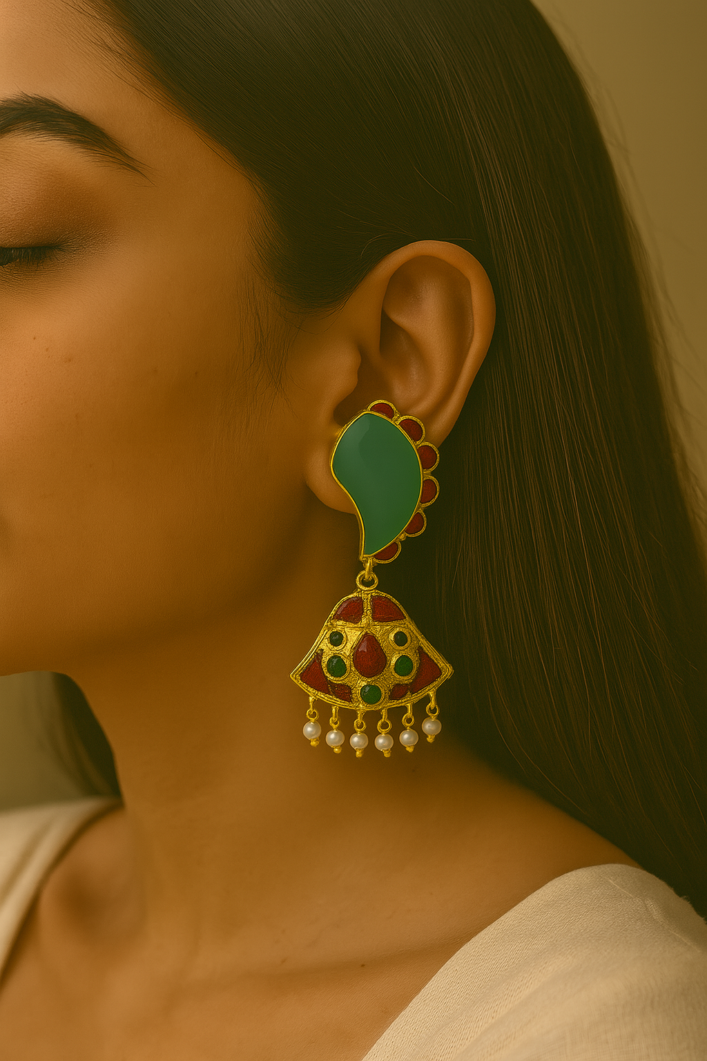 GREEN AND MAROON ENAMEL DANGLE EARRINGS