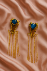 ROYAL BLUE STONE & GOLD FRINGE EARRINGS