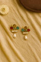 RED BLUE GOLD DROPS EARRINGS WITH PEARLS
