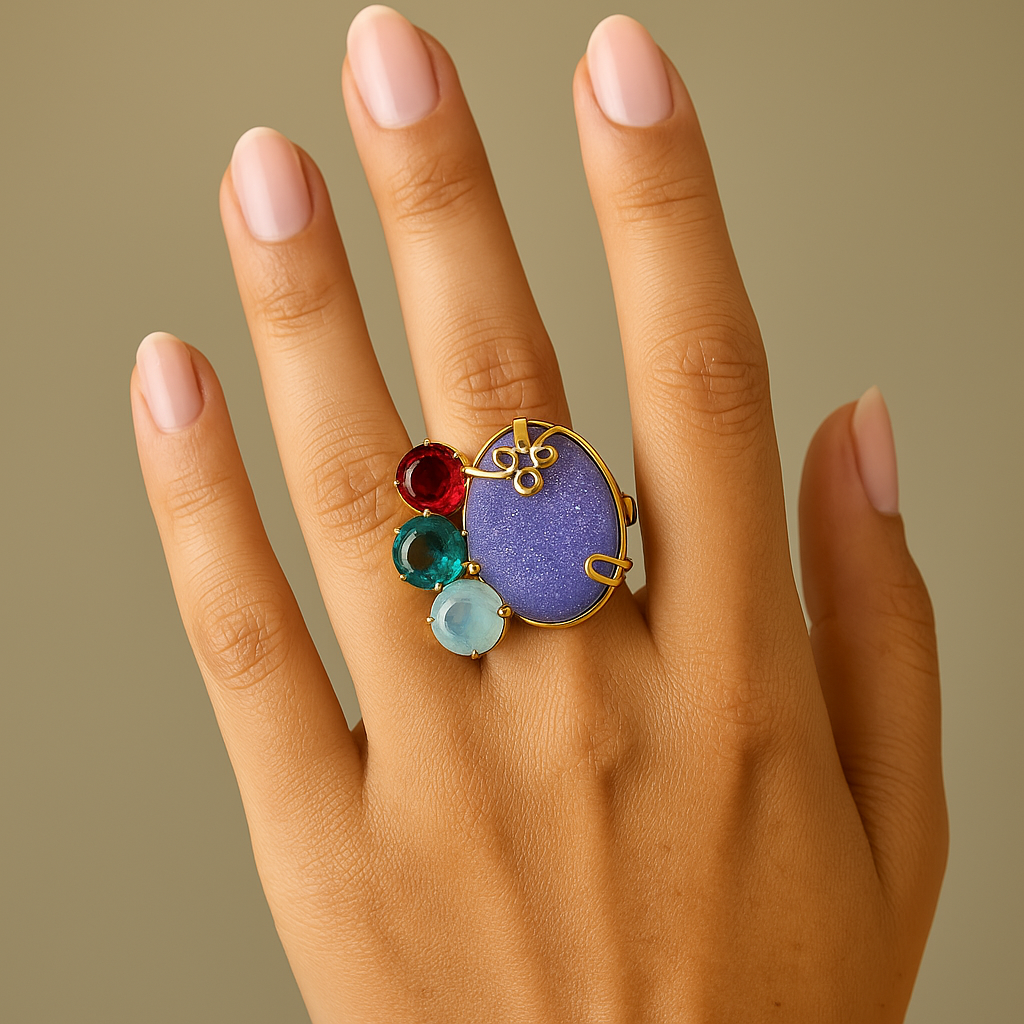 BOLD OVAL PURPLE STATEMENT RING WITH MULTICOLOR STONES