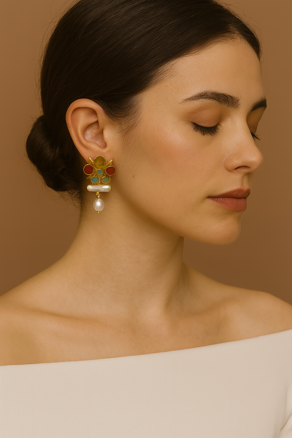 RED BLUE GOLD DROPS EARRINGS WITH PEARLS
