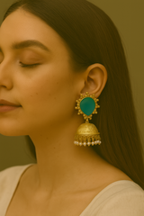 GOLD PLATED JHUMKA EARRINGS WITH BLUE STONE