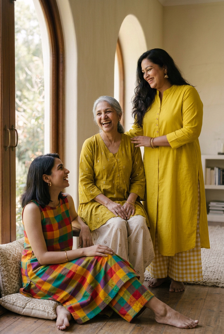 Three generations of women laughing together in DIIWATAA check, mustard and yellow kurta sets