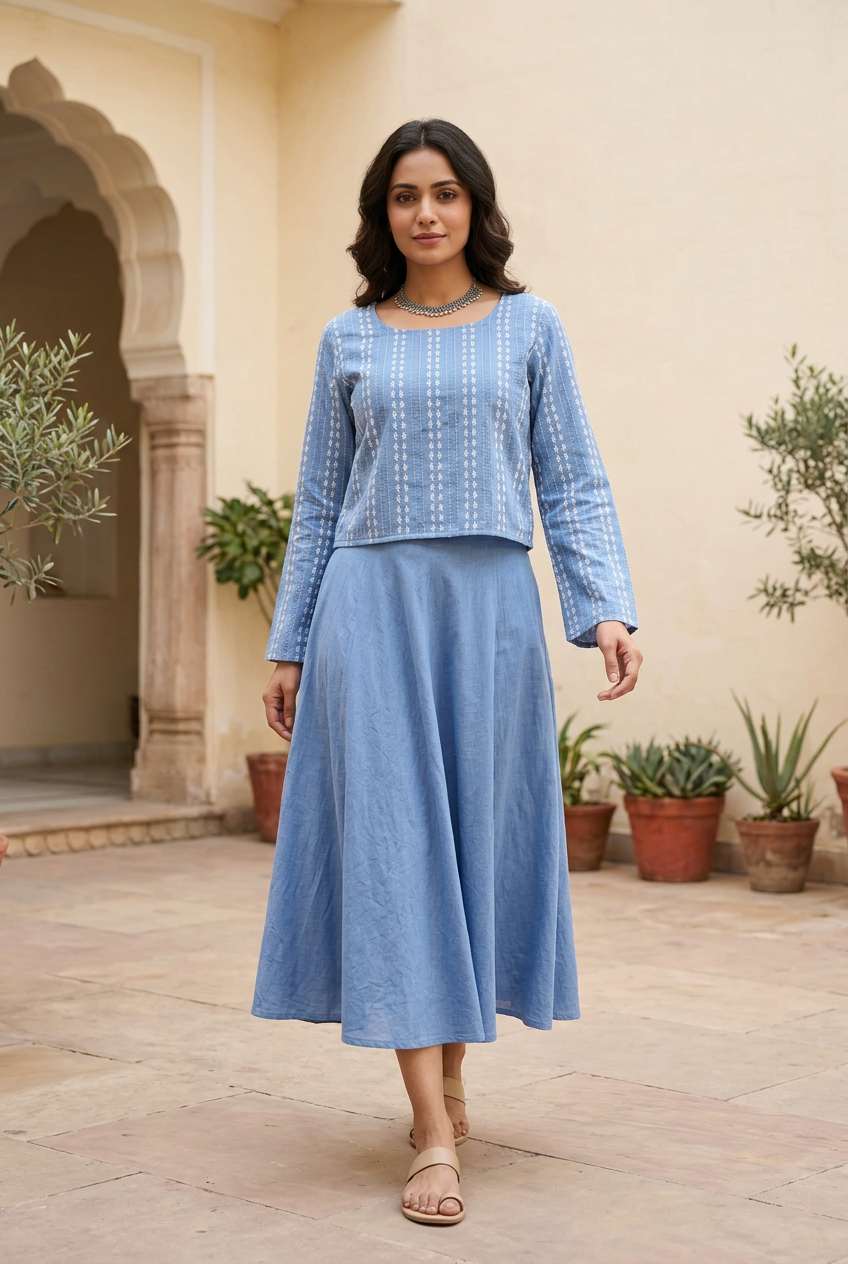 Model walking in the blue cotton skirt and embroidered crop top